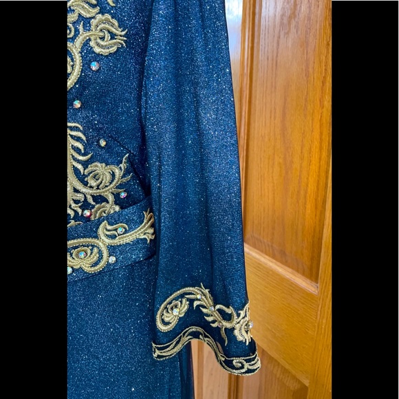 Formal Dress Sizes M & XL Blue Gold Glitter Sparkle Sleeves SULTAN Kaftan Abaya - Picture 6 of 15